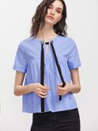 Shein Blue Striped Eyelet Tie Neck Babydoll Top