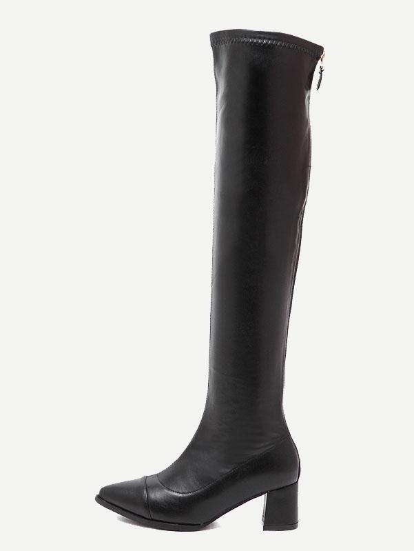 Shein Black Faux Leather Pointed Toe Knee High Zipper Boots
