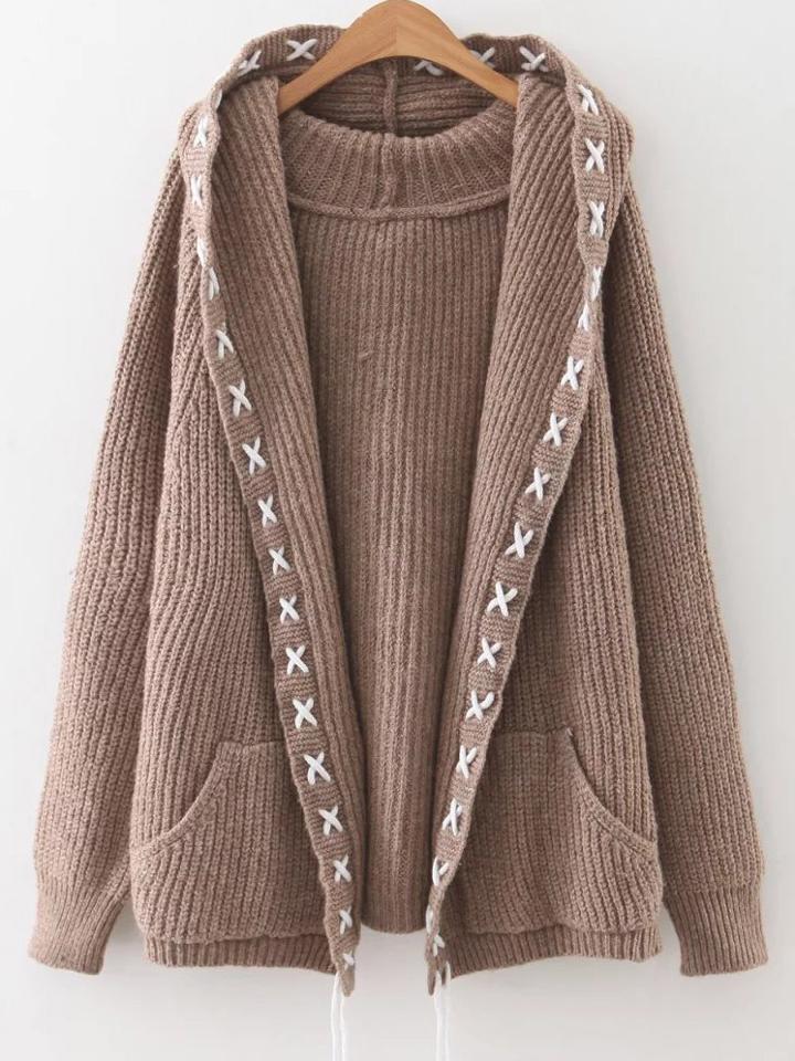 Shein Khaki Lace Up Trim Hooded Cardigan With Pockets