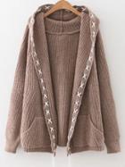 Shein Khaki Lace Up Trim Hooded Cardigan With Pockets