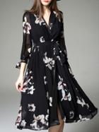 Shein Black V Neck Tie-waist Print Dress