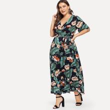 Shein Plus Surplice Neck Botanical Print Dress