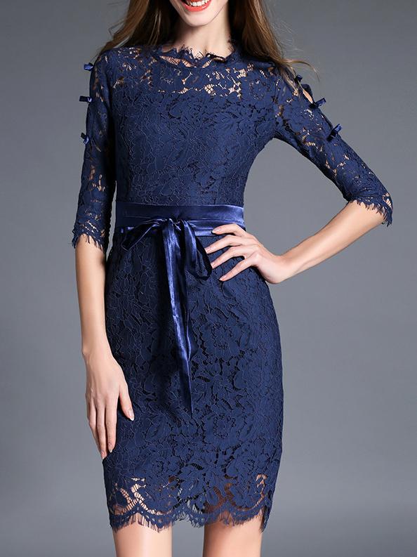 Shein Blue Tie-waist Bowknot Lace Sheath Dress