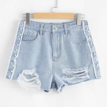 Shein Pearl Detail Raw Trim Ripped Denim Shorts