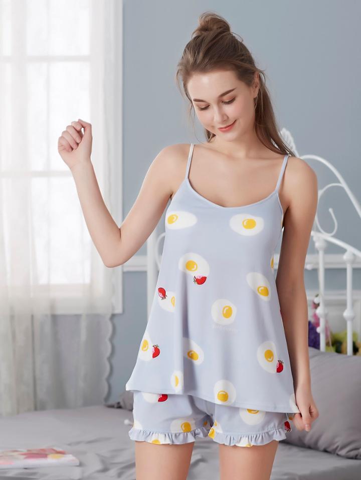 Shein Poached Egg Print Cami Top & Shorts Pj Set