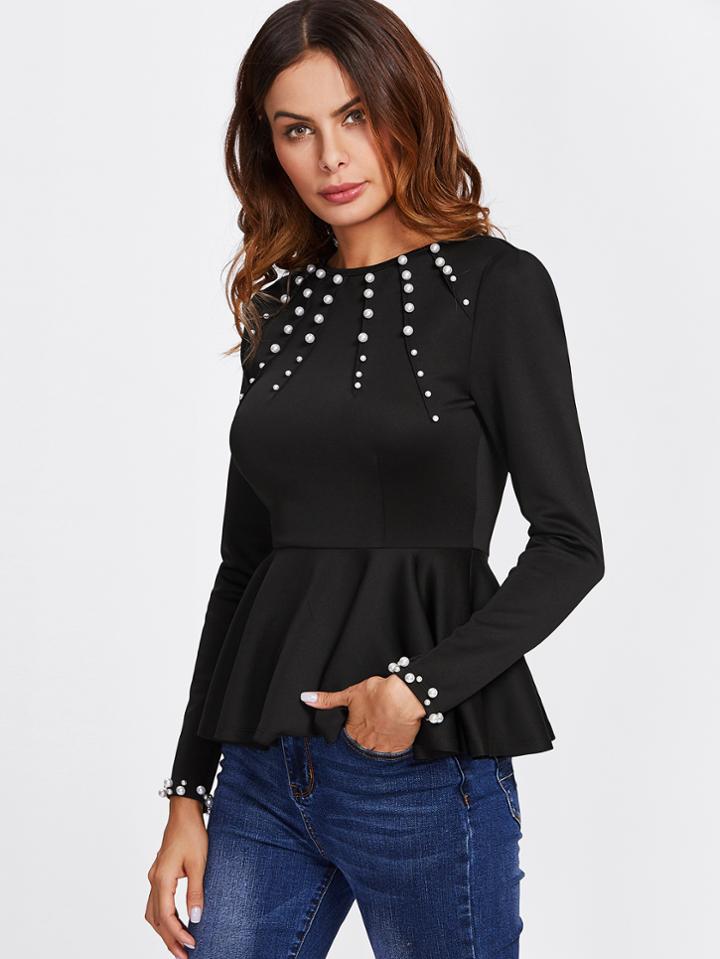 Shein Pearl Beading Peplum Top