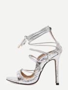 Shein Silver Snakeskin Open Toe Strappy Stiletto Pumps