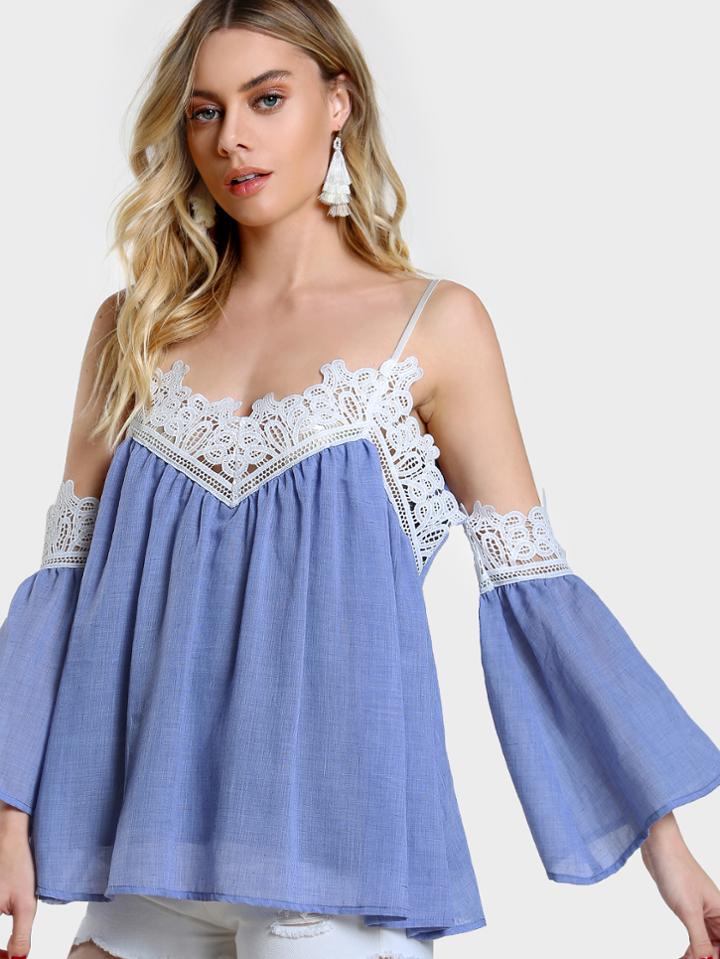Shein Lace Trim Bell Sleeve Cold Shoulder Top
