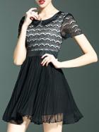 Shein Black Lapel Pleated Lace A-line Dress