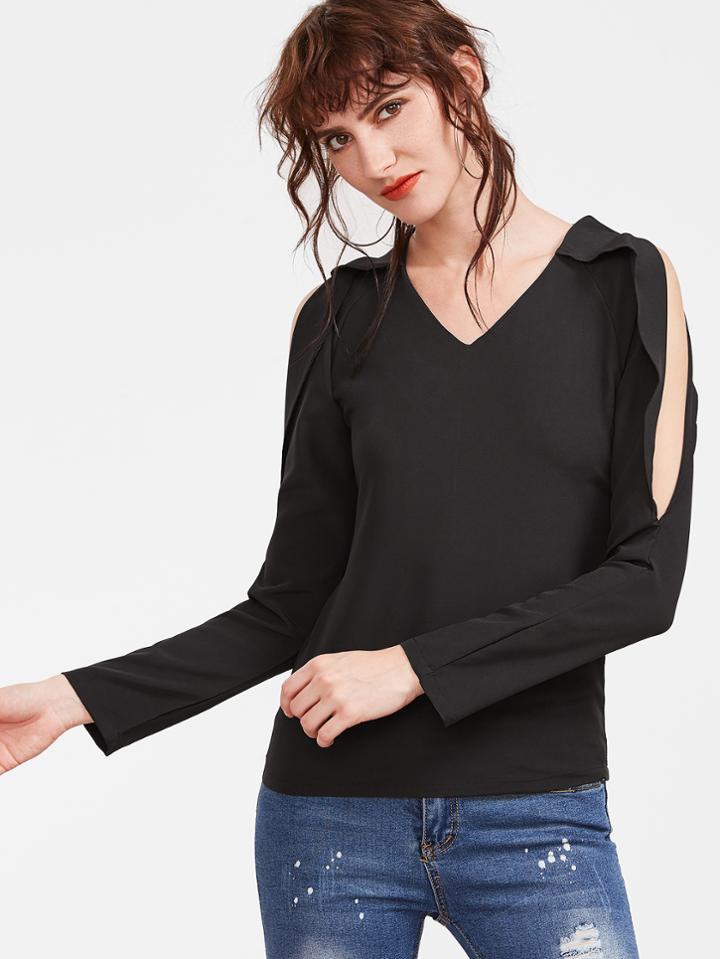 Shein Black Open Shoulder Ruffle Trim Zipper Back Blouse