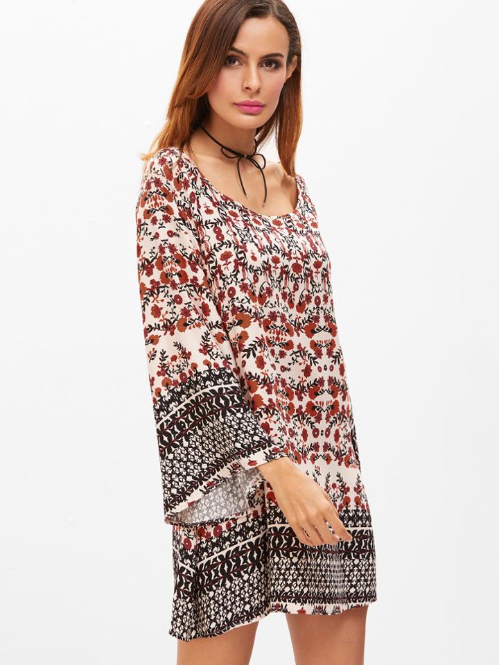 Shein Multicolor Floral Print Kimono Sleeve Tunic Dress