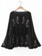 Shein Black Flower Embroidery Bell Sleeve Tassel Tie Blouse