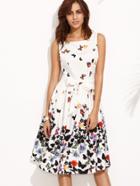 Shein Butterfly Print Bow Waist Flare Tank Dress