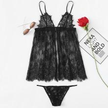 Shein Eyelash Lace Cami Top & Panty Pj Set