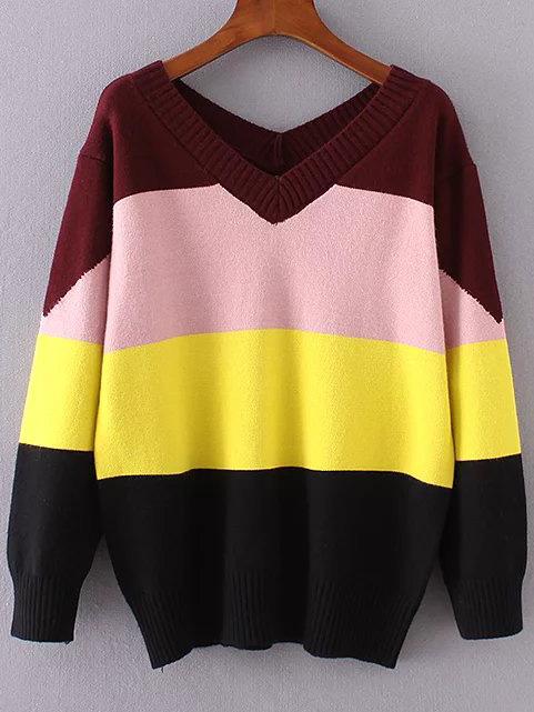Shein Color Block V Neck Ribbed Trim Knitwear