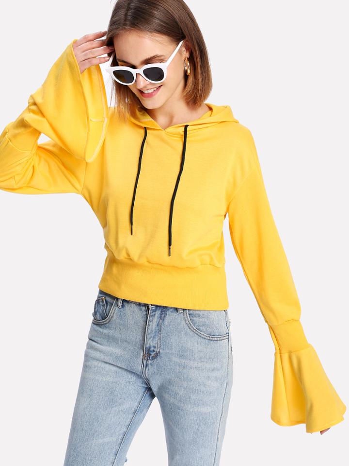 Shein Rib Trim Flounce Sleeve Hoodie