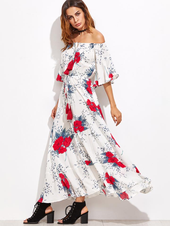 Shein White Flower Print Off The Shoulder Drawstring Dress