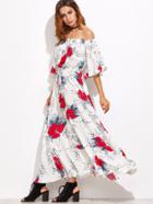 Shein White Flower Print Off The Shoulder Drawstring Dress