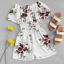 Shein Off Shoulder Lace Up Front Floral Romper