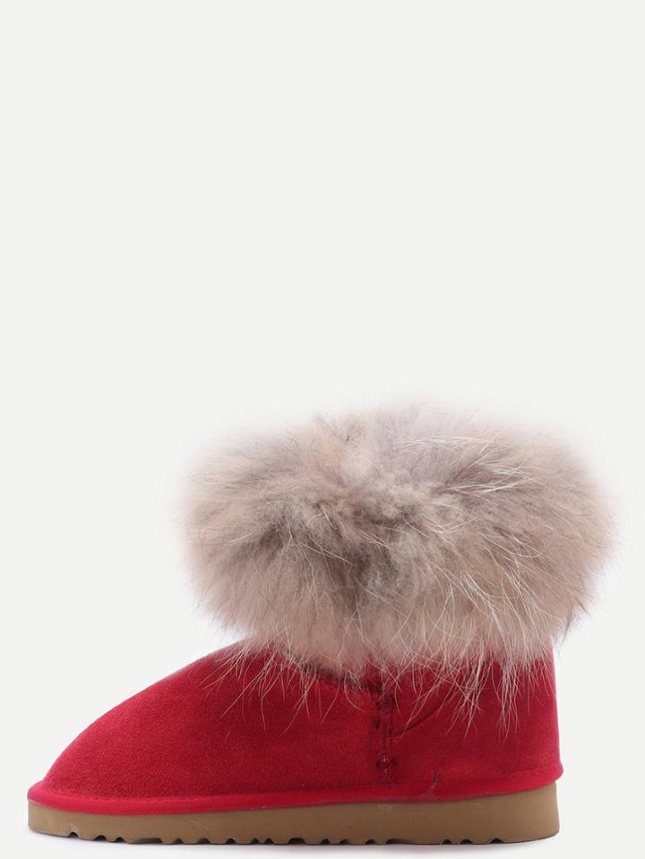 Shein Red Genuine Leather Fur Cuff Snow Boots