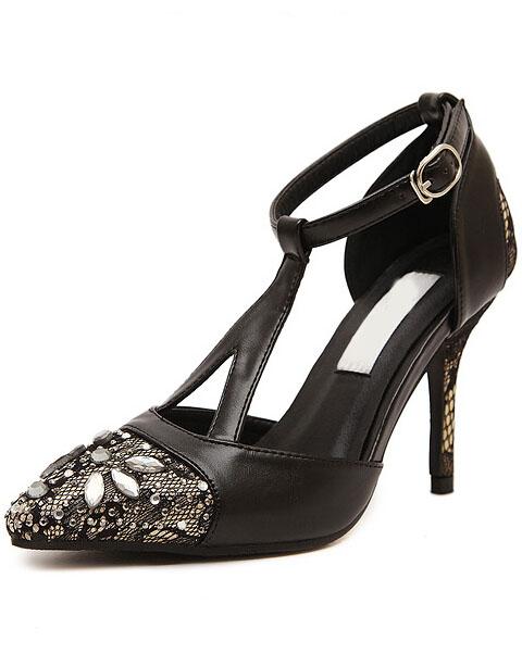 Shein Black Rhinestone Y-strap Slingbacks High Heeled Pumps