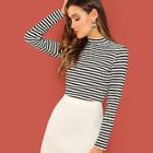 Shein Mock Neck Striped Rib Knit T-shirt