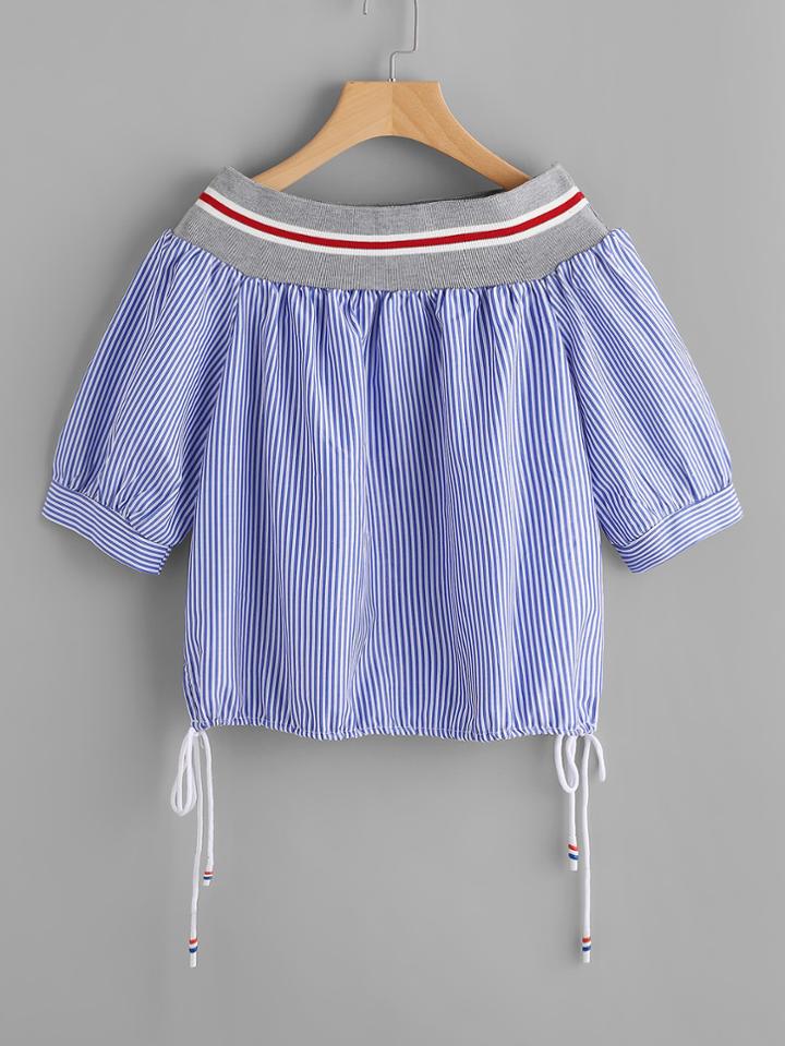 Shein Color Block Striped Elbow Sleeve Side Tie Blouse