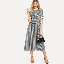 Shein Mock Neck Button Front Tie Waist Striped Dress