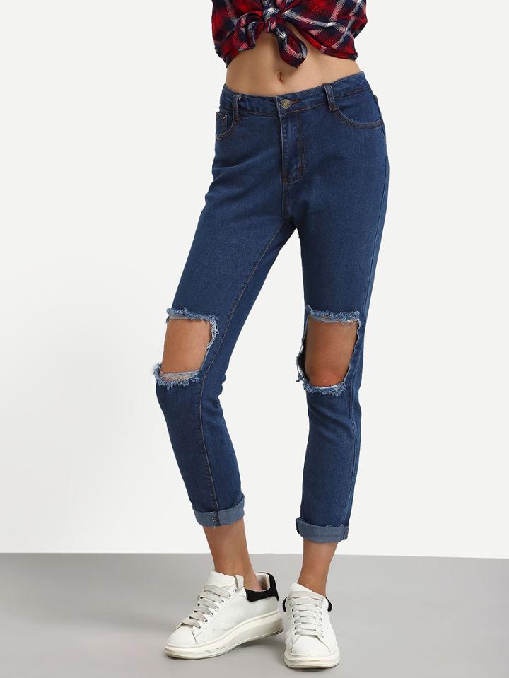 Shein Knee Ripped Rolled Hem Skinny Jeans