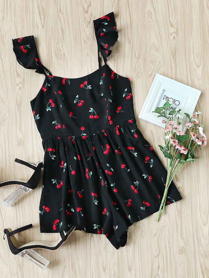 Shein Ruffle Strap Smocked Back Cherry Print Romper