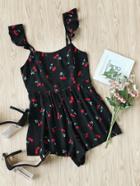 Shein Ruffle Strap Smocked Back Cherry Print Romper