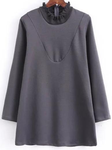 Shein Grey Ruffle Neck Zipper Back Dress