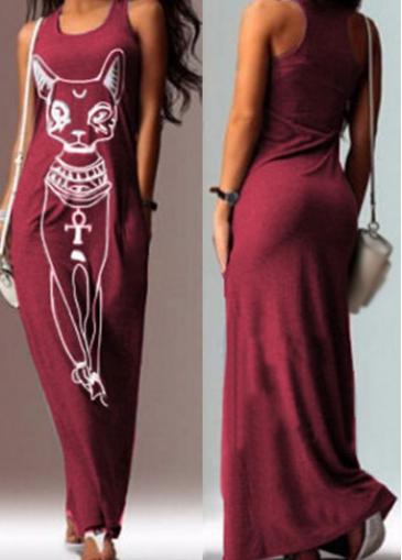 Rosewe Wine Red Racerback Printed Maxi Dress