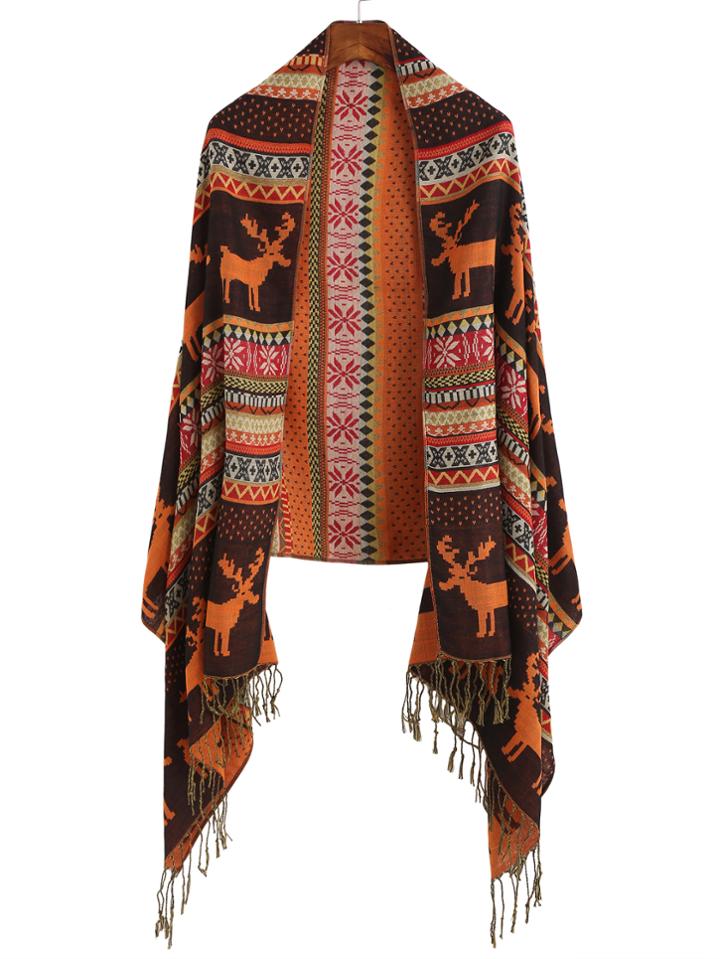 Shein Tribal Print Long Fringe Scarf
