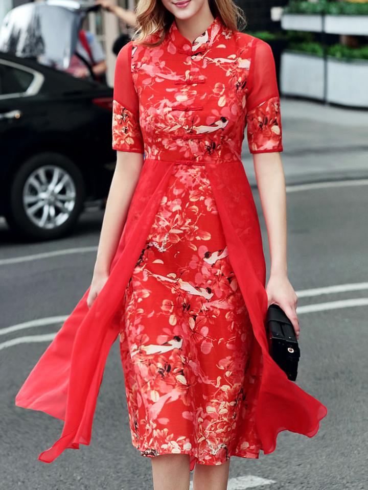 Shein Red Collar Floral Drape Sheath Dress