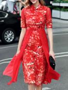 Shein Red Collar Floral Drape Sheath Dress