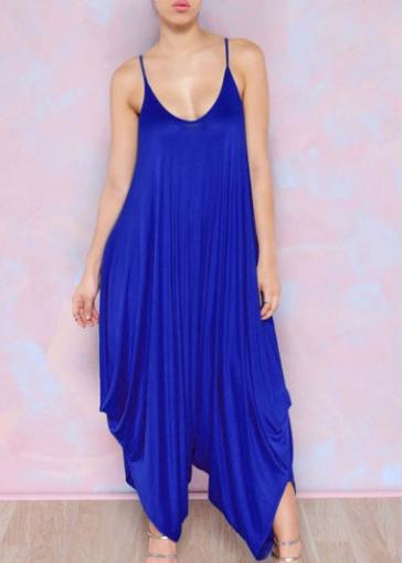 Rosewe Loose Solid Blue Spaghetti Strap Jumpsuit