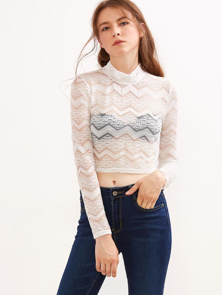 Shein White Mock Neck Lace Cover-up Top
