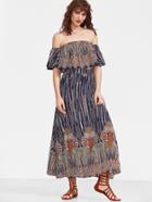 Shein Multicolor Vintage Print Off The Shoulder Ruffle Top With Skirt