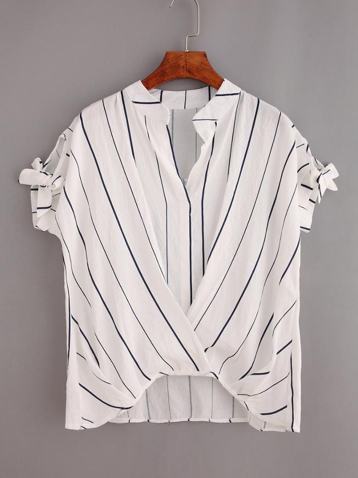 Shein Vertical Striped Tie-sleeve Draped Top - White