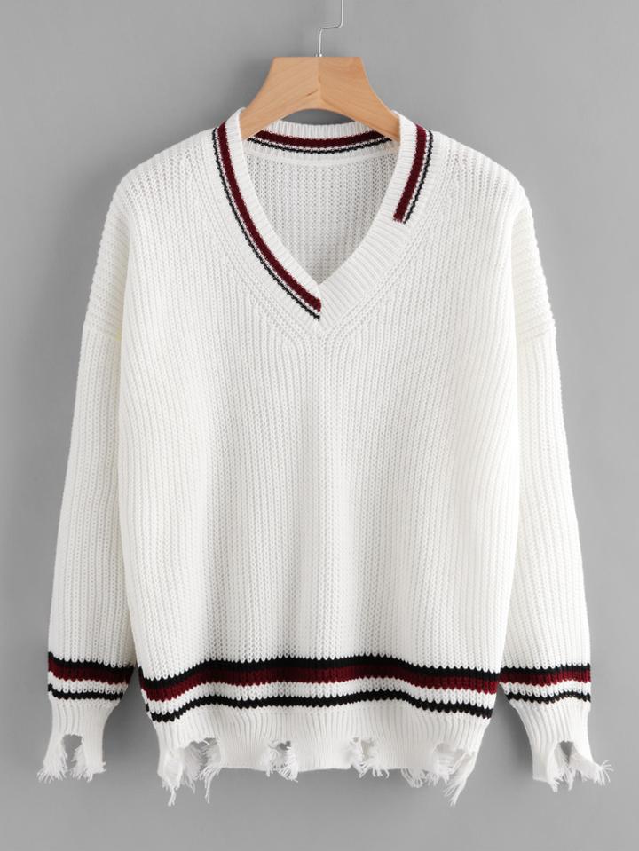 Shein V Neckline Contrast Trim Raw Hem Sweater