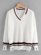 Shein V Neckline Contrast Trim Raw Hem Sweater