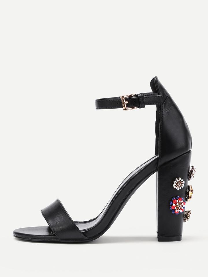 Shein Rhinestone Flower Detail Blocked Heeled Sandals