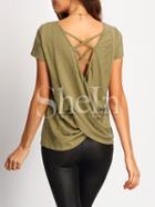 Shein Coffee Short Sleeve Back Criss Cross T-shirt