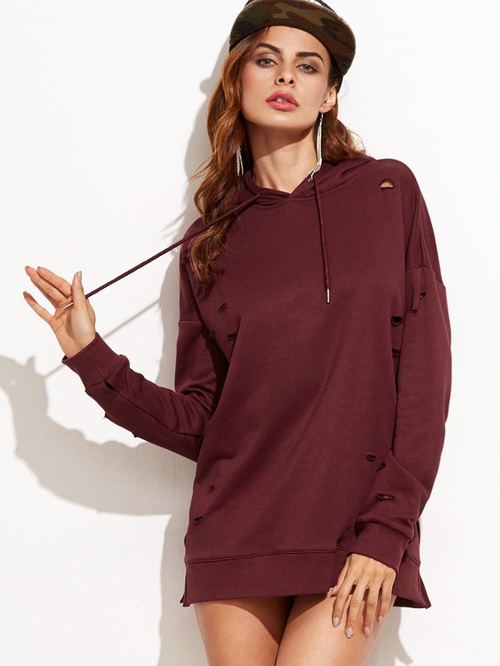 Shein Ripped Drop Shoulder Hooded Sweatshirt