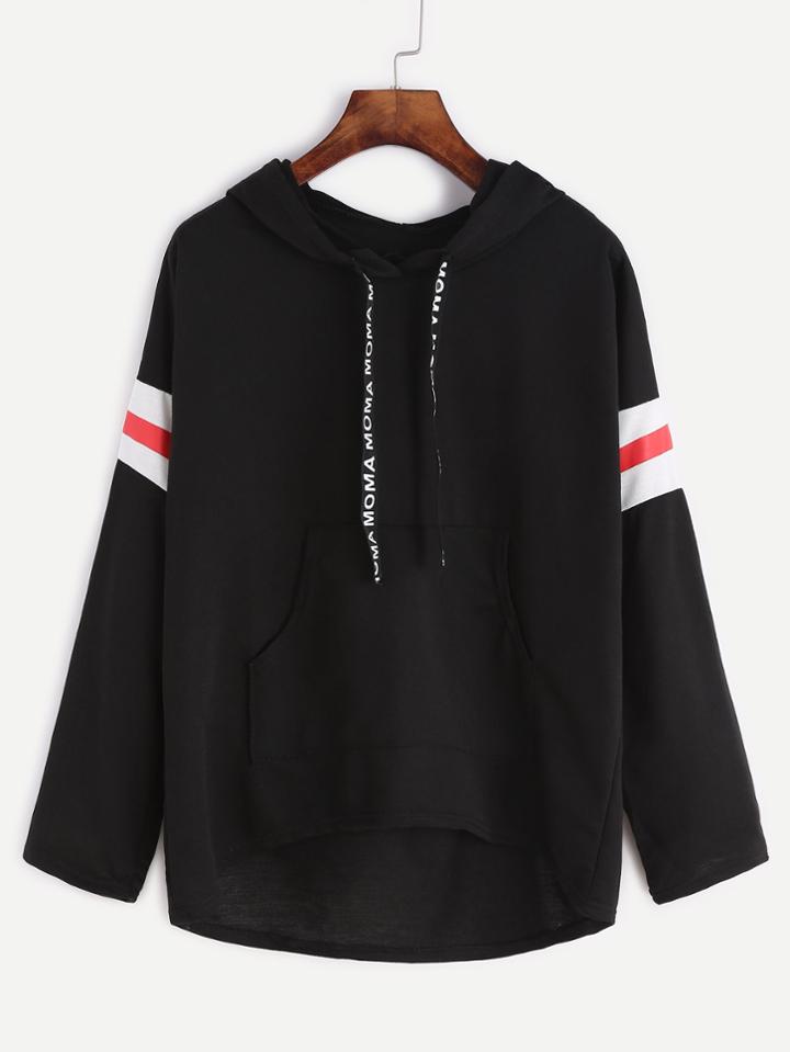 Shein Black Varsity Print Drawstring Hooded Sweatshirt