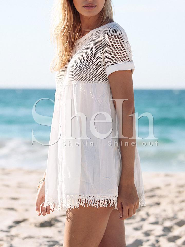 Shein Beige Crew Neck Hollow Fringe Hem Dress