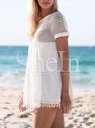 Shein Beige Crew Neck Hollow Fringe Hem Dress