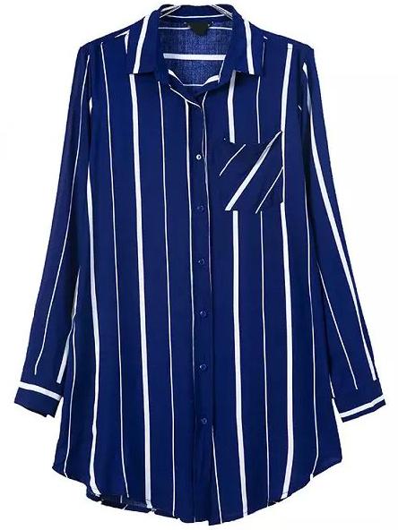 Shein Blue Lapel Vertical Stripe Pocket Blouse