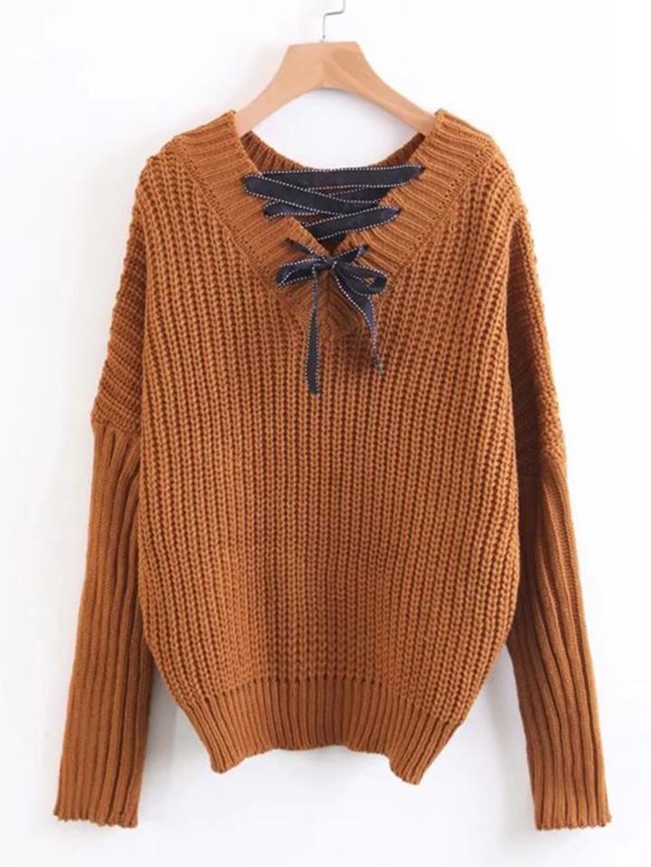 Shein Lace Up V Neckline Drop Shoulder Sweater